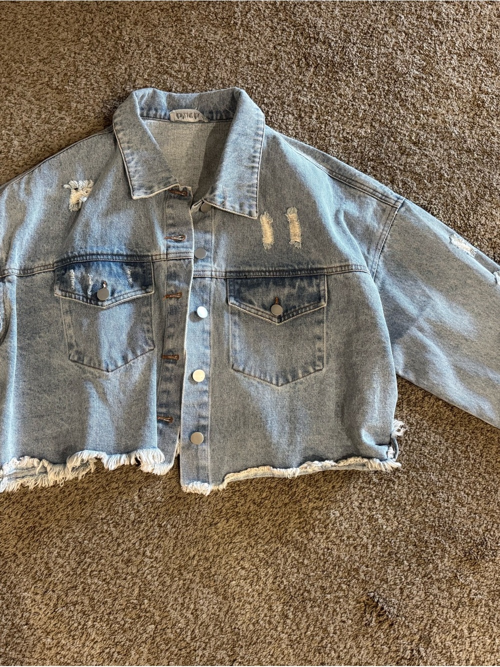 Cropped Distressed Light Blue Denim Jacket
